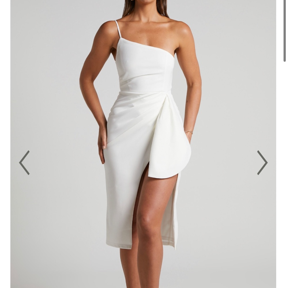 MARCELITA MIDI DRESS - ONE SHOULDER DRAPE DETAIL FAUX WRAP DRESS IN WHITE